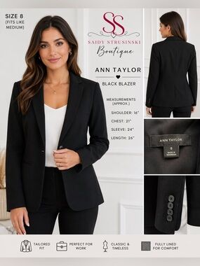 Ann Taylor Black Blazer Size 8 Classic Tailored wool Career Jacket